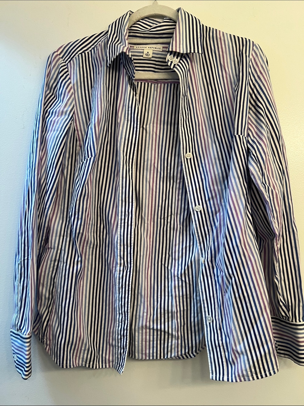 Banana Republic White Shirt with Navy & Light Pink Stripes